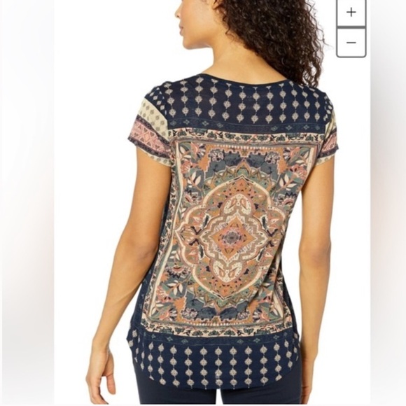 Lucky Brand blouse Persian art inspired pop over crewneck lightweight navy Large - Picture 4 of 8